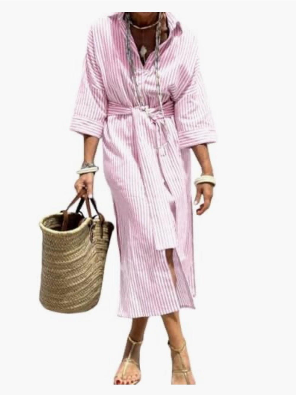 Striped Blush Pink/White 100% Cotton Button-Front Tunic Shirt Dress Tie Belt L